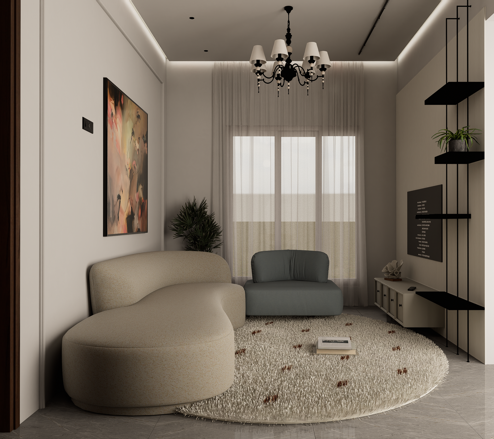 Living room with curved sofa, floating console and shelving unit